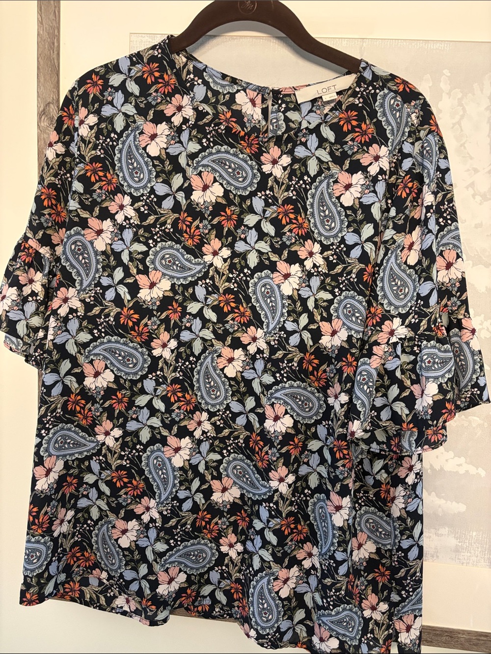 LOFT Navy Floral Paisley Ruffle Sleeve Blouse
